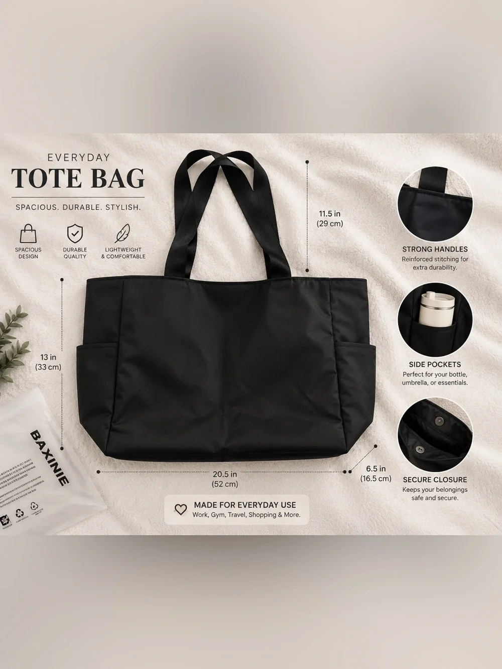 Classic Black Everyday Tote Bag